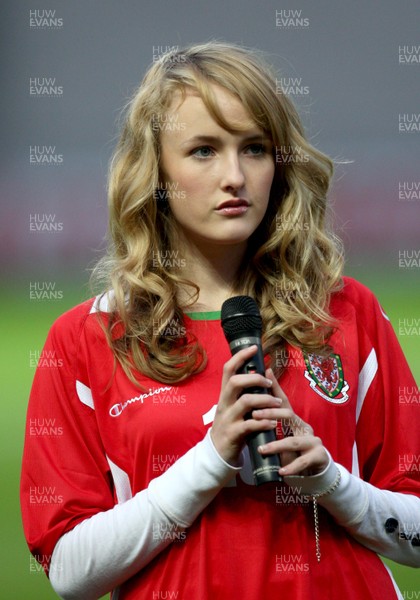 31.03.09 - Wales U21v Luxembourg U21, UEFA Under 21 Championship 2011, Llanelli -  Singer Annelies sings the Welsh National Anthem  