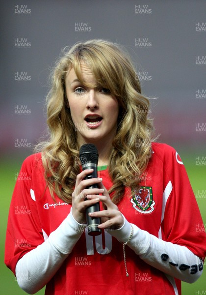 31.03.09 - Wales U21v Luxembourg U21, UEFA Under 21 Championship 2011, Llanelli -  Singer Annelies sings the Welsh National Anthem  