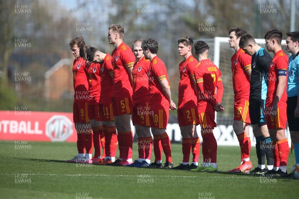 260321 - Wales U21 v Republic of Ireland U21 - International Friendly - Wales line up for anthem