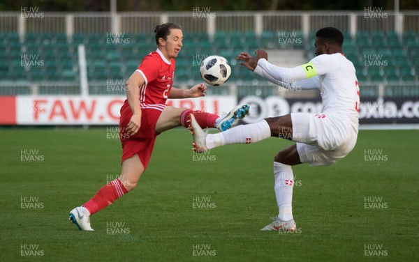 161018 - Wales U21 v Switzerland U21, European U21 Championship 2019 Qualifier - Aaron Lewis of Wales plays the ball past Ulisses Garcia of Switzerland