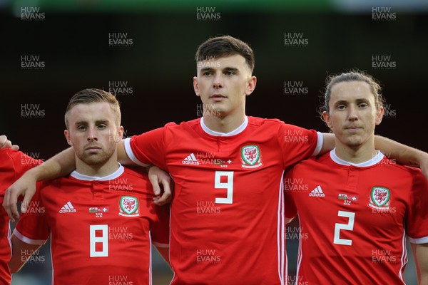161018 - Wales U21 v Switzerland U21, European U21 Championship 2019 Qualifier -  Joseff Morrell of Wales, Thomas Harris of Wales and Aaron Lewis of Wales