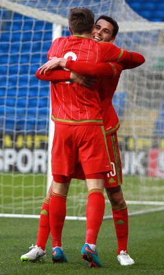 310315 -Wales U21s v Bulgaria U21s - UEFA U21 Championship Qualifier - Tom O'Sullivan of Wales celebrates scoring his first goal with Wes Burns