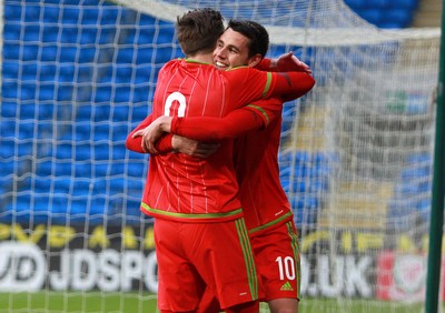 310315 -Wales U21s v Bulgaria U21s - UEFA U21 Championship Qualifier - Tom O'Sullivan of Wales celebrates scoring his first goal with Wes Burns