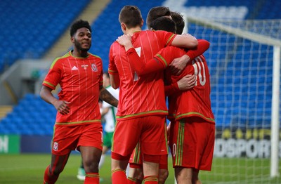 310315 -Wales U21s v Bulgaria U21s - UEFA U21 Championship Qualifier - Tom O'Sullivan of Wales celebrates scoring his first goal with team mates