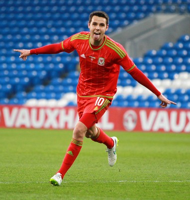 310315 -Wales U21s v Bulgaria U21s - UEFA U21 Championship Qualifier - Tom O'Sullivan of Wales celebrates scoring his second goal