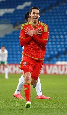 310315 -Wales U21s v Bulgaria U21s - UEFA U21 Championship Qualifier - Tom O'Sullivan of Wales celebrates scoring his second goal