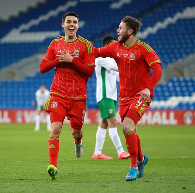 310315 -Wales U21s v Bulgaria U21s - UEFA U21 Championship Qualifier - Tom O'Sullivan of Wales celebrates scoring his second goal with Wes Burns