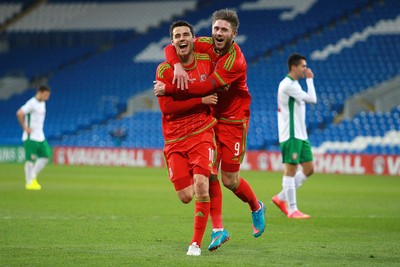 310315 -Wales U21s v Bulgaria U21s - UEFA U21 Championship Qualifier - Tom O'Sullivan of Wales celebrates scoring his second goal with Wes Burns