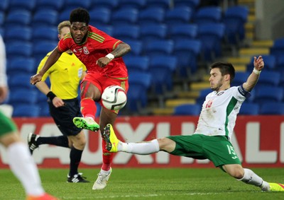 310315 -Wales U21s v Bulgaria U21s - UEFA U21 Championship Qualifier - Ellis Harrison of Wales takes a shot at goal