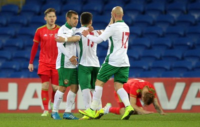 310315 -Wales U21s v Bulgaria U21s - UEFA U21 Championship Qualifier - Nikola Kolev of Bulgaria celebrates scoring a goal with team mates