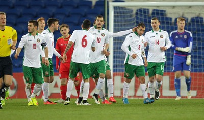 310315 -Wales U21s v Bulgaria U21s - UEFA U21 Championship Qualifier - Nikola Kolev of Bulgaria celebrates scoring a goal with team mates