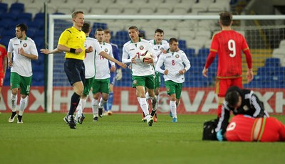 310315 -Wales U21s v Bulgaria U21s - UEFA U21 Championship Qualifier - Nikola Kolev of Bulgaria celebrates scoring a goal with team mates