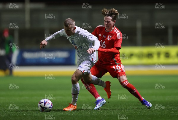 161123 - Wales U21s v Iceland U21s - UEFA U21s Qualifying Round - Valgeir Valgeirsson of Iceland is tackled by Charlie Savage of Wales 
