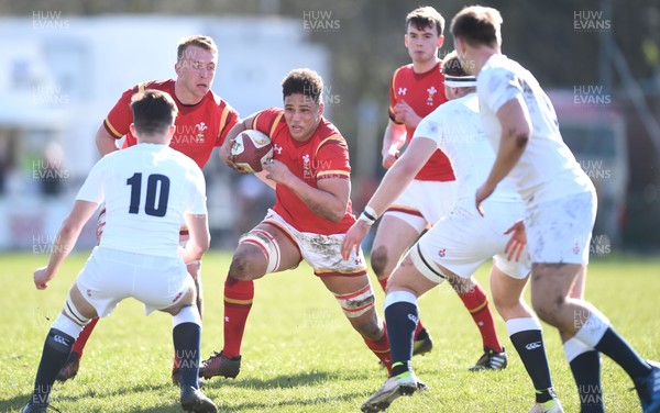 260317 - Wales Under 18 v England Under 18 - Dan Davis of Wales takes on Kieran Wilkinson