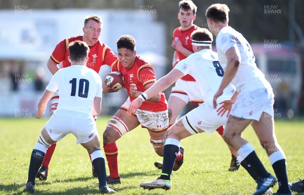 260317 - Wales Under 18 v England Under 18 - Dan Davis of Wales takes on Kieran Wilkinson