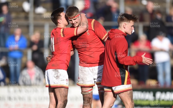 260317 - Wales Under 18 v England Under 18 - Dewi Cross and Will Griffiths of Wales celebrate win