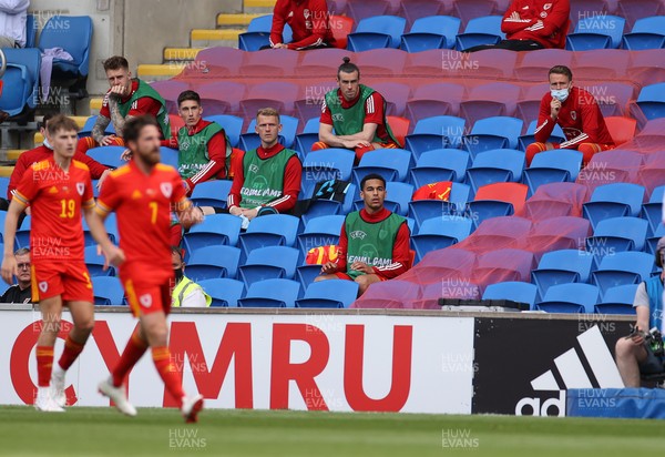 050621 - Wales v Albania - International Friendly - Gareth Bale of Wales watches on from the subs bench