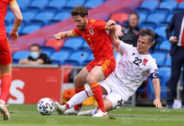 050621 - Wales v Albania - International Friendly - Joe Allen of Wales is tackled by Amir Abrashi of Albania