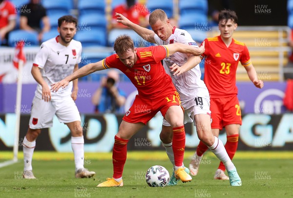 050621 - Wales v Albania - International Friendly - Rhys Norrington-Davies of Wales is challenged by Bekim Bala of Albania