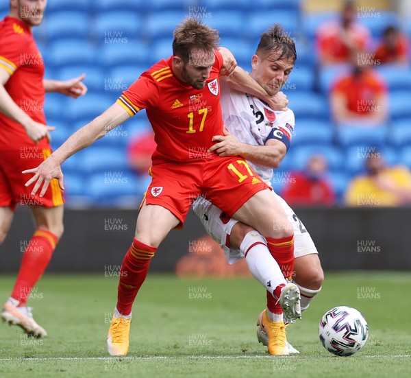 050621 - Wales v Albania - International Friendly - Rhys Norrington-Davies of Wales is tackled by Amir Abrashi of Albania