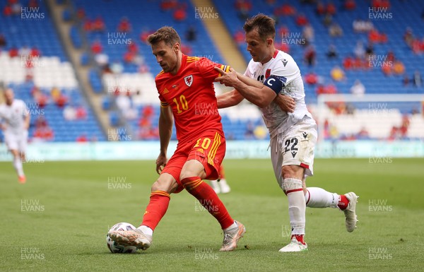 050621 - Wales v Albania - International Friendly - Aaron Ramsey of Wales is challenged by Amir Abrashi of Albania