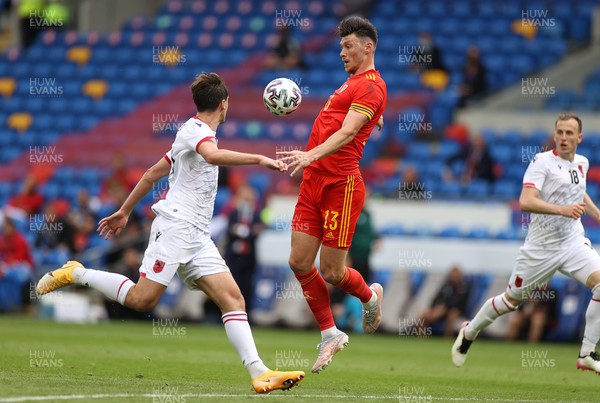 050621 - Wales v Albania - International Friendly - Kieffer Moore of Wales tries to gather the ball