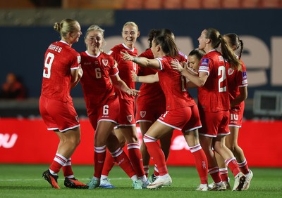 131026 - Wales Women v Albania Women - 2027 FIFA Womens World Cup qualifying play-off semi-final - Mayzee Davies of Wales celebrates scoring a goal with team mates