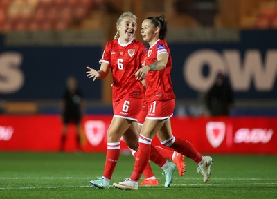 131026 - Wales Women v Albania Women - 2027 FIFA Womens World Cup qualifying play-off semi-final - Mayzee Davies of Wales celebrates scoring a goal with team mates