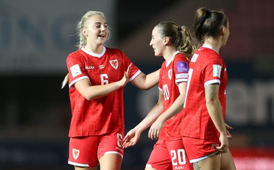 131026 - Wales Women v Albania Women - 2027 FIFA Womens World Cup qualifying play-off semi-final - Mayzee Davies of Wales celebrates scoring a goal with team mates