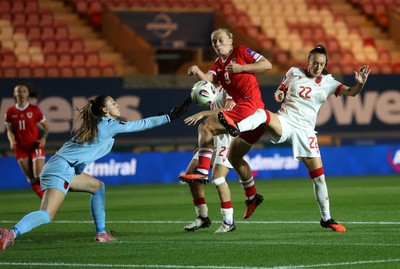 131026 - Wales Women v Albania Women - 2027 FIFA Womens World Cup qualifying play-off semi-final - Elise Hughes of Wales scores a goal