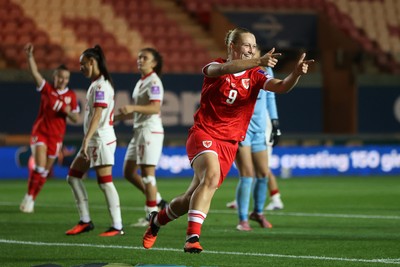 131026 - Wales Women v Albania Women - 2027 FIFA Womens World Cup qualifying play-off semi-final - Elise Hughes of Wales celebrates scoring a goal