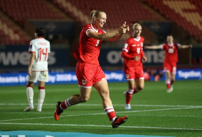 131026 - Wales Women v Albania Women - 2027 FIFA Womens World Cup qualifying play-off semi-final - Elise Hughes of Wales celebrates scoring a goal