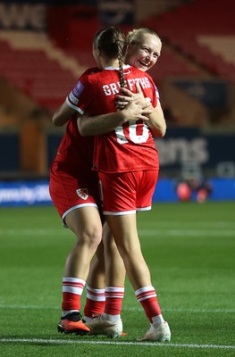 131026 - Wales Women v Albania Women - 2027 FIFA Womens World Cup qualifying play-off semi-final - Elise Hughes of Wales celebrates scoring a goal with Mared Griffiths