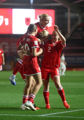 131026 - Wales Women v Albania Women - 2027 FIFA Womens World Cup qualifying play-off semi-final - Elise Hughes of Wales celebrates scoring a goal with team mates