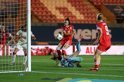 131026 - Wales Women v Albania Women - 2027 FIFA Womens World Cup qualifying play-off semi-final - Hannah Cain of Wales scores a goal