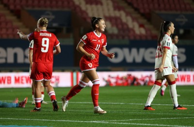 131026 - Wales Women v Albania Women - 2027 FIFA Womens World Cup qualifying play-off semi-final - Hannah Cain of Wales celebrates scoring a goal