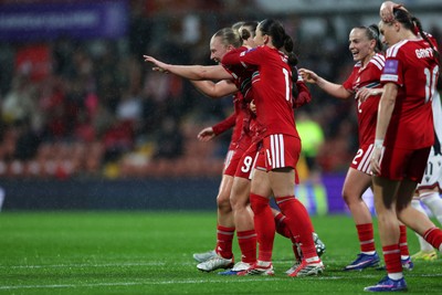 140426 - Wales v Albania - 2027 FIFA Women's World Cup Qualifying - Elise Hughes of Wales celebrates scoring her team’s second goal