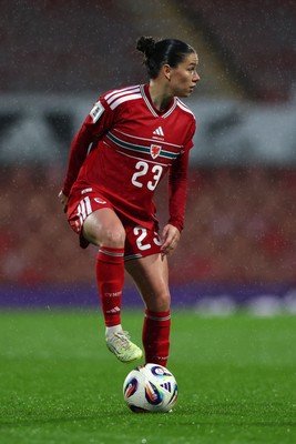 140426 - Wales v Albania - 2027 FIFA Women's World Cup Qualifying - Ffion Morgan of Wales controls the ball