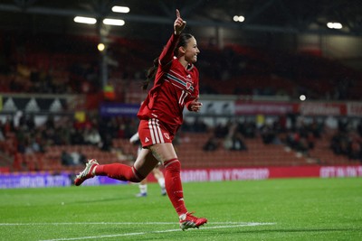 140426 - Wales v Albania - 2027 FIFA Women's World Cup Qualifying - Hannah Cain of Wales celebrates scoring her team’s fourth goal