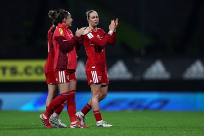 140426 - Wales v Albania - 2027 FIFA Women's World Cup Qualifying - Rhiannon Roberts of Wales applauds the fans following victory