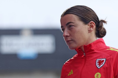 140426 - Wales v Albania - 2027 FIFA Women's World Cup Qualifying - Angharad James-Turner of Wales inspects the pitch prior to the game