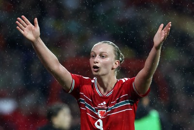140426 - Wales v Albania - 2027 FIFA Women's World Cup Qualifying - Elise Hughes of Wales reacts