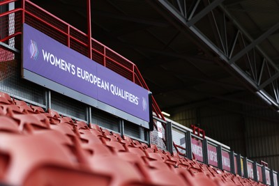 140426 - Wales v Albania - 2027 FIFA Women's World Cup Qualifying - “Women’s European Qualifiers” branding inside the stadium