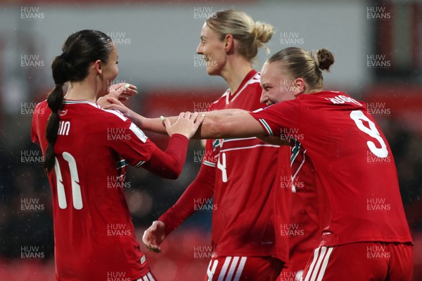 140426 - Wales v Albania - 2027 FIFA Women's World Cup Qualifying - Elise Hughes of Wales celebrates scoring her team’s second goal with assist Hannah Cain