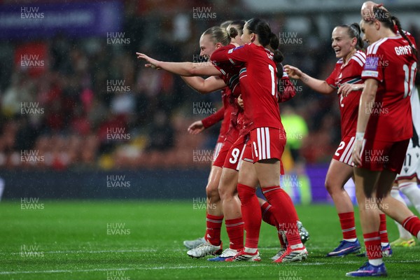 140426 - Wales v Albania - 2027 FIFA Women's World Cup Qualifying - Elise Hughes of Wales celebrates scoring her team’s second goal