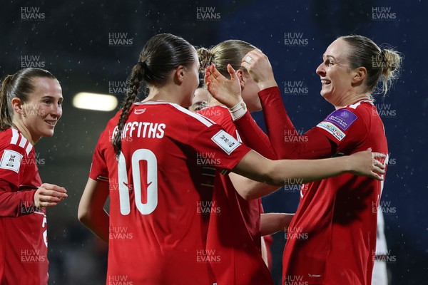 140426 - Wales v Albania - 2027 FIFA Women's World Cup Qualifying - Rhiannon Roberts of Wales celebrates scoring her team’s third goal with teammates