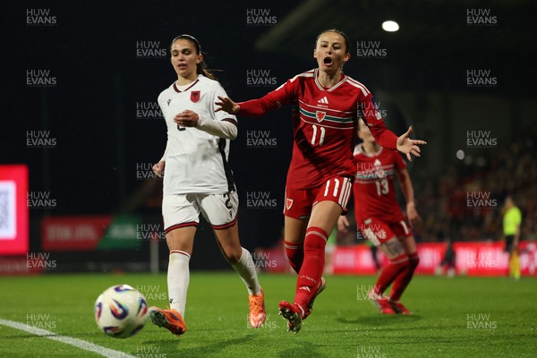 140426 - Wales v Albania - 2027 FIFA Women's World Cup Qualifying - Hannah Cain of Wales reacts as the ball goes out of play