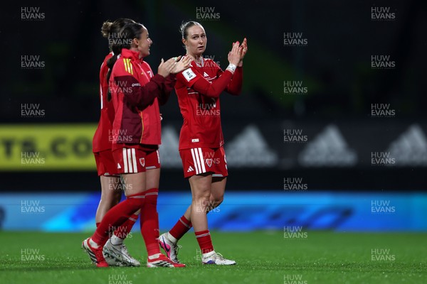 140426 - Wales v Albania - 2027 FIFA Women's World Cup Qualifying - Rhiannon Roberts of Wales applauds the fans following victory