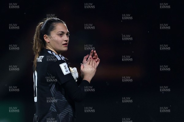 140426 - Wales v Albania - 2027 FIFA Women's World Cup Qualifying - Safia Middleton-patel of Wales applauds the fans following victory