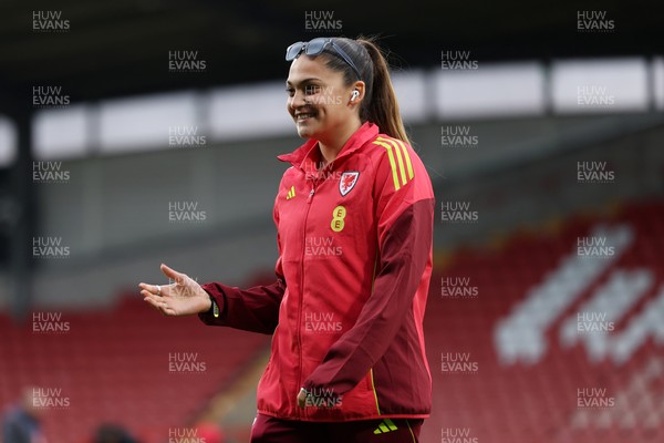 140426 - Wales v Albania - 2027 FIFA Women's World Cup Qualifying - Safia Middleton-Patel of Wales inspects the pitch prior to the game